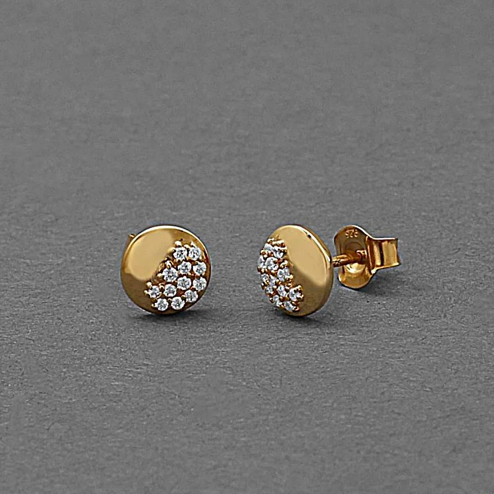 Gold round stud earrings with pavé diamonds