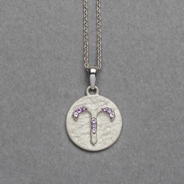 Aries zodiac silver disc pendant with purple stone