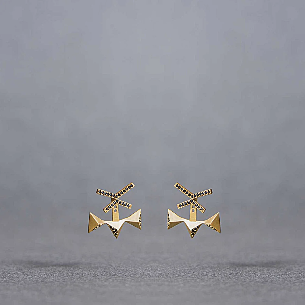 Gold Plated Sterling Silver Geometry Earrings with black stones