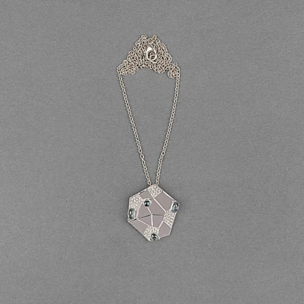 Lavender enamel hexagon pendant with CZ stones on silver chain necklace—wholesale private label B2B jewelry.