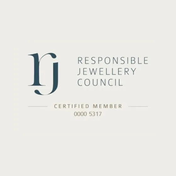Responsible Jewellery Council certified member logo with a stylized rj monogram on an off-white background.
