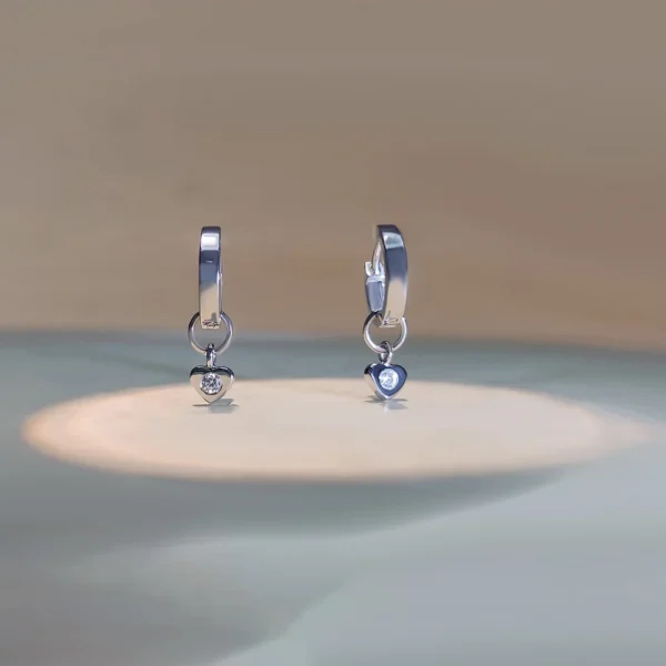 Sterling silver lab grown diamond heart charm huggie earrings small hoop design