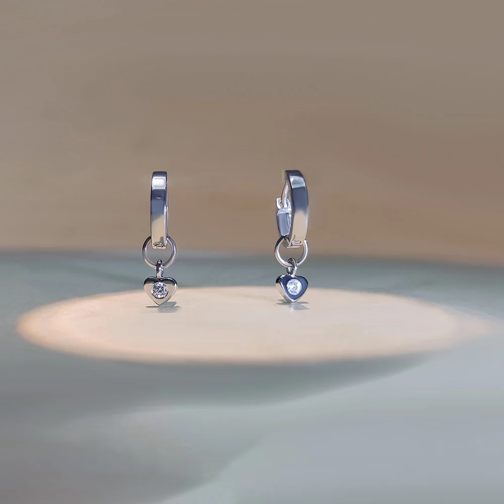 Sterling silver lab grown diamond heart charm huggie earrings small hoop design