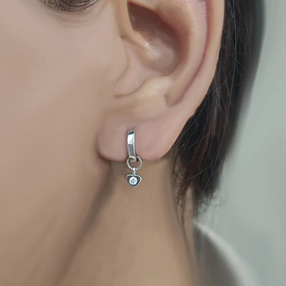 Lab grown diamond heart drop huggie earrings in sterling silver minimal style