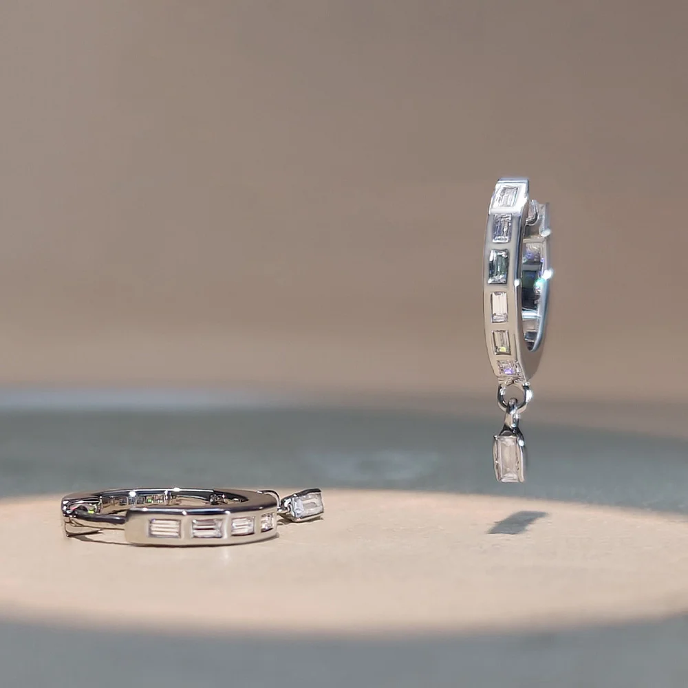 Sterling silver lab grown diamond baguette huggie earrings with drop detail
