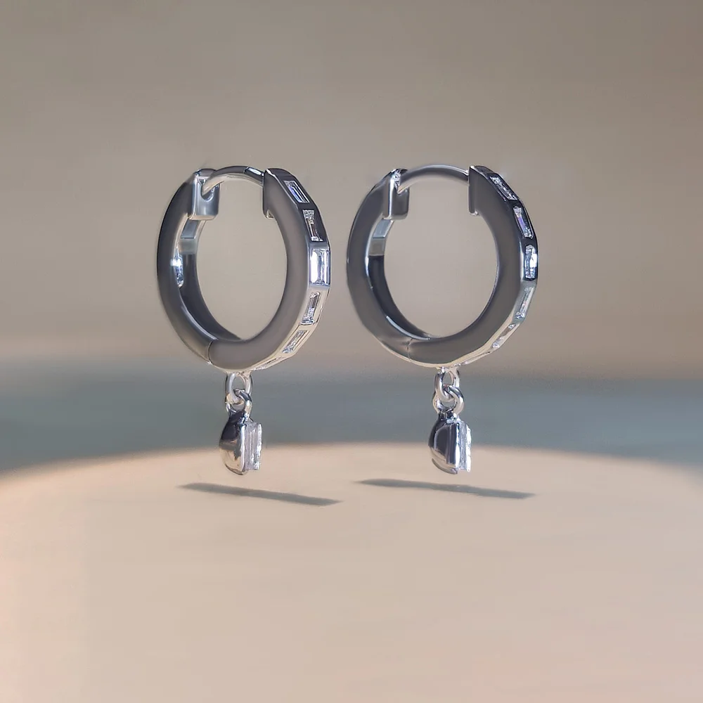 Lab grown diamond baguette hoop earrings in sterling silver modern design