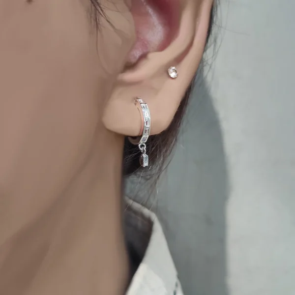 mall hoop sterling silver earrings with baguette lab grown diamonds