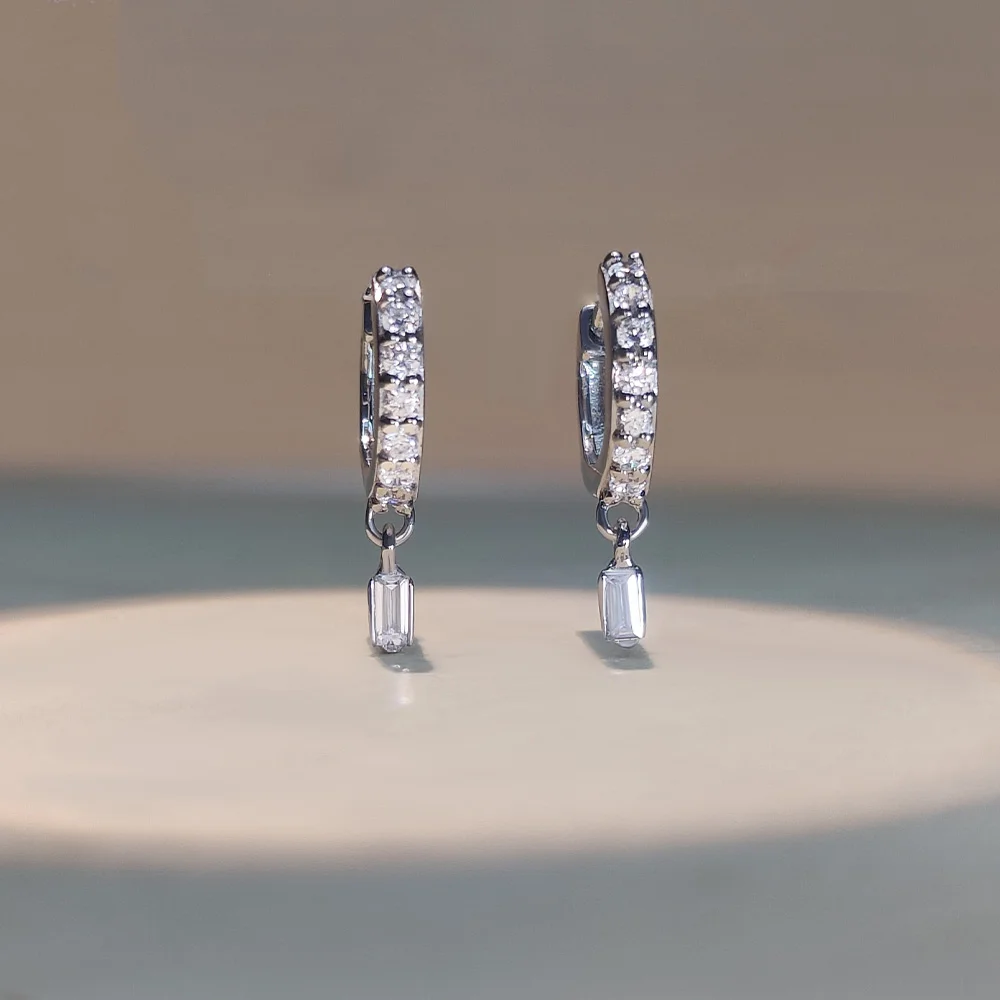 Minimalist lab grown diamond baguette drop hoop earrings in sterling silver wholesale