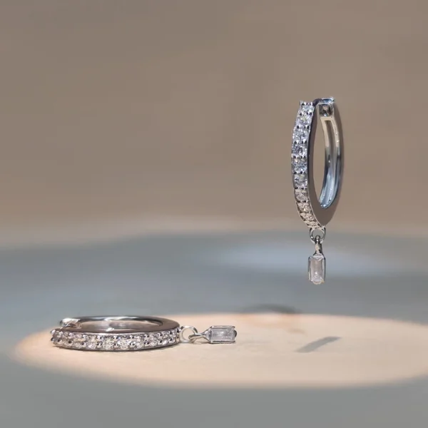 Sterling Silver Lab Grown Diamond Baguette Drop Huggie Hoop Earrings