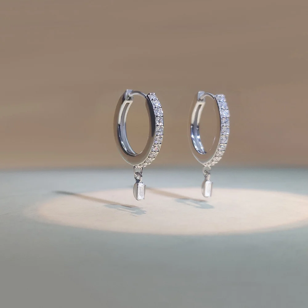 Sterling silver lab grown diamond pavé huggie hoop earrings with baguette drop charm minimalist wholesale jewelry