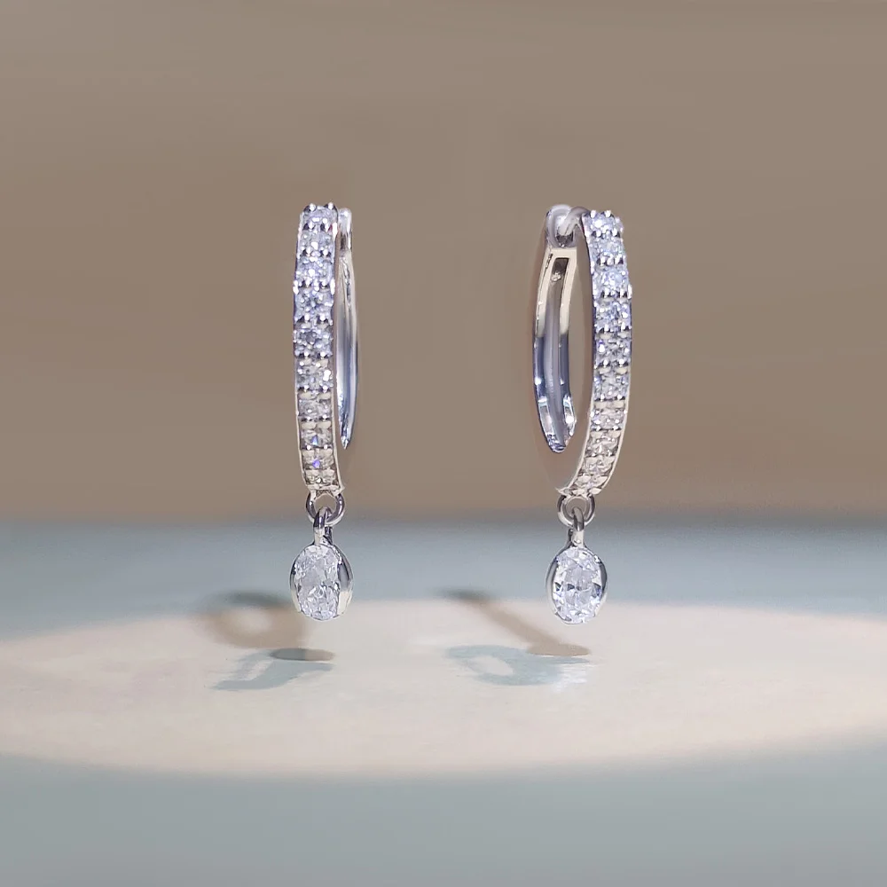 Sterling silver huggie hoop earrings with lab grown diamond oval drop charm wholesale jewelry