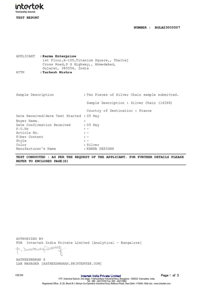 nickel free jewellery supplier test report