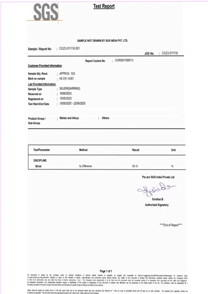 sliver jewellery with purity report
