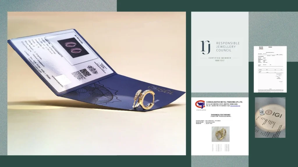 Small gold hoop earrings resting on an SGL authentication card alongside certification and quality report documents.