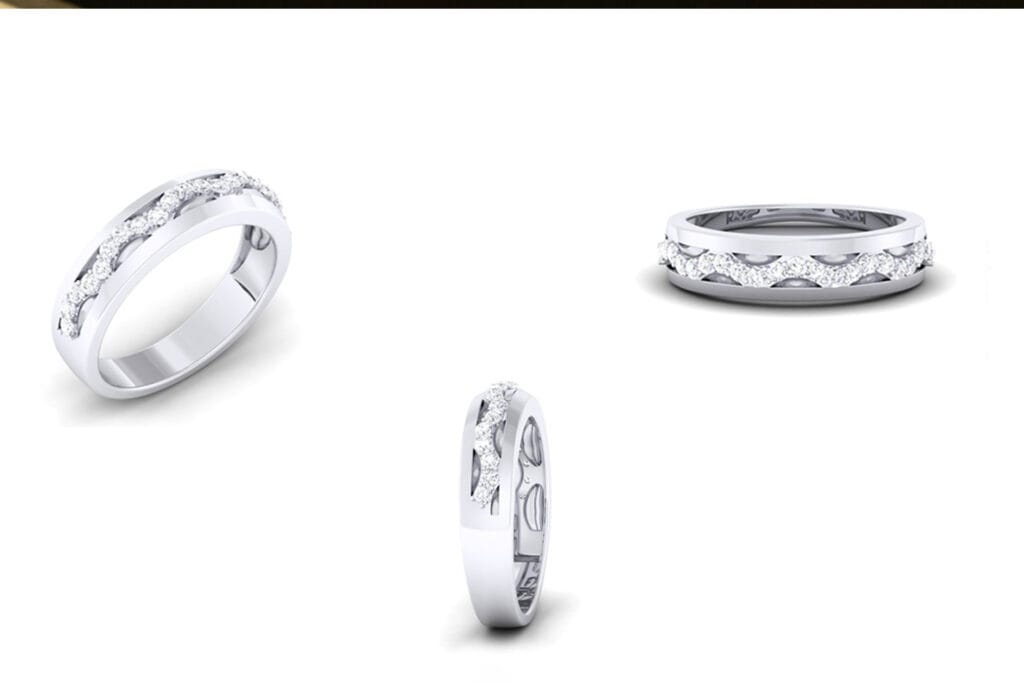 Three views of a white gold or sterling silver band ring featuring a wavy, diamond-encrusted center channel.